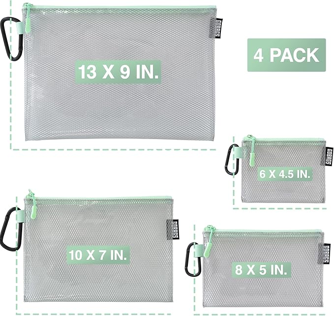 GOBAGS Air Production Multi‑Size Clear Zipper Pouch (4‑Pack) – Cable Organizer & Travel Gear Bag for Electronics, Camera Accessories, Tool Pouch & Small Tech Storage (Mint Green)