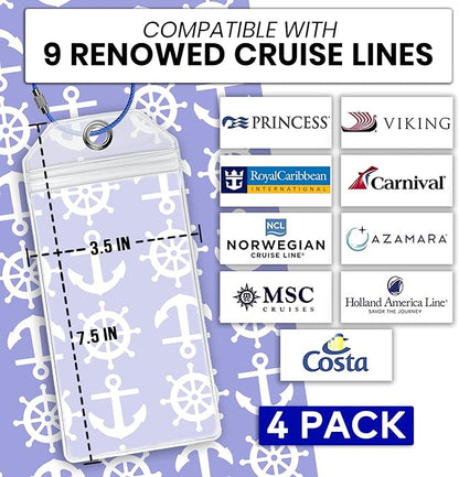 Luggage Tags Essentials 4 Sets with Zip Seal and Steel Loops + 2 Lanyard Detachable ID Holder Badge + 4 Cabin Magnetic Hooks (27lbs) - Fits All Cruise Lines