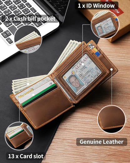 Mens Wallet Genuine Leather Bifold RFID Blocking Wallet for Men with 1 ID Window 13 Card Holders 2 cash pockets 1 Gift Box