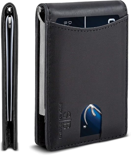 SERMAN BRANDS RFID Blocking Slim Bifold Genuine Leather Minimalist Front Pocket Wallets for Men with Money Clip Thin Gift