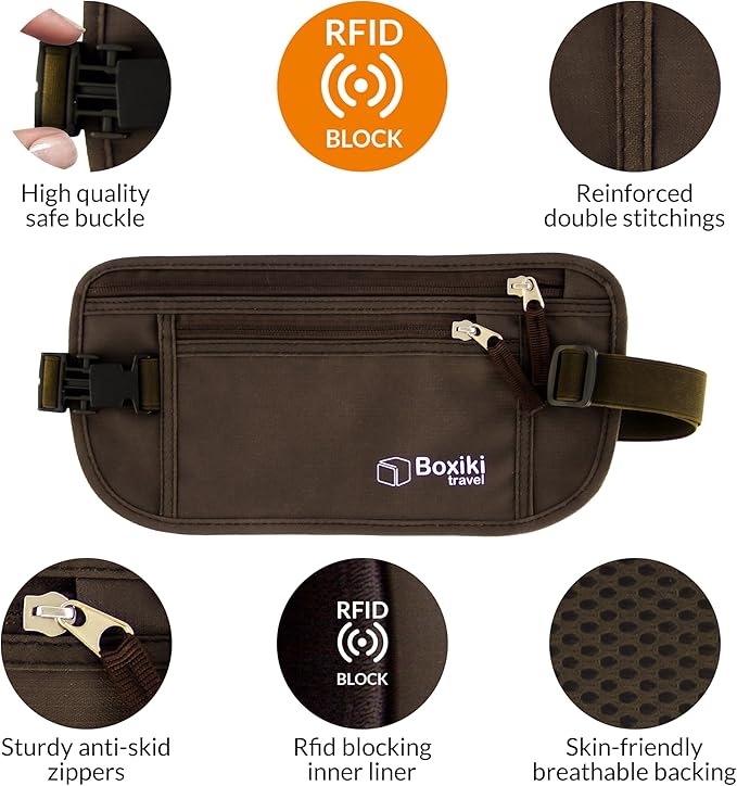 Money Belt for Travel with RFID Blocking Technology - Hidden Travel Money Pouch for Cash, Credit Cards, Passport, and Travel Valuables - Secure Water Resistant Money Belt for Men and Women (Brown)