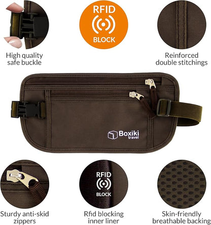 Money Belt for Travel with RFID Blocking Technology - Hidden Travel Money Pouch for Cash, Credit Cards, Passport, and Travel Valuables - Secure Water Resistant Money Belt for Men and Women (Brown)