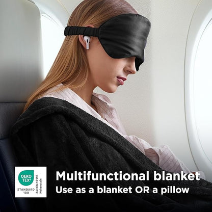 Bedsure Travel Blanket Airplane Compact with Storage Bag, Packable Blanket with Eye Mask, Lightweight 2-in-1 Travel Essentials, Functioned as Pillow for Airplane Comfort and Warmth, Black