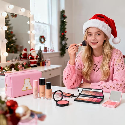 TOPEAST Preppy Makeup Bag, Cute Makeup Pouch PU Leather Waterproof Cosmetic Bag, Personalized Birthday Gifts for Mom Teacher Friends Bridesmaids Nurse, Trendy Stuff for Girls (Pink I)