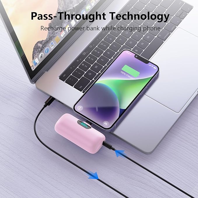 Mini Portable Charger for iPhone,Upgraded 5000mAh PD Fast Charging Battery Pack,LCD Display Cute Power Bank Portable Phone Charger for iPhone 14/14 Pro Max/13/13 Pro/12 Pro/11/XS/XR/X/8/7/6-Pink