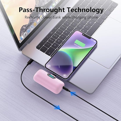 Mini Portable Charger for iPhone,Upgraded 5000mAh PD Fast Charging Battery Pack,LCD Display Cute Power Bank Portable Phone Charger for iPhone 14/14 Pro Max/13/13 Pro/12 Pro/11/XS/XR/X/8/7/6-Pink