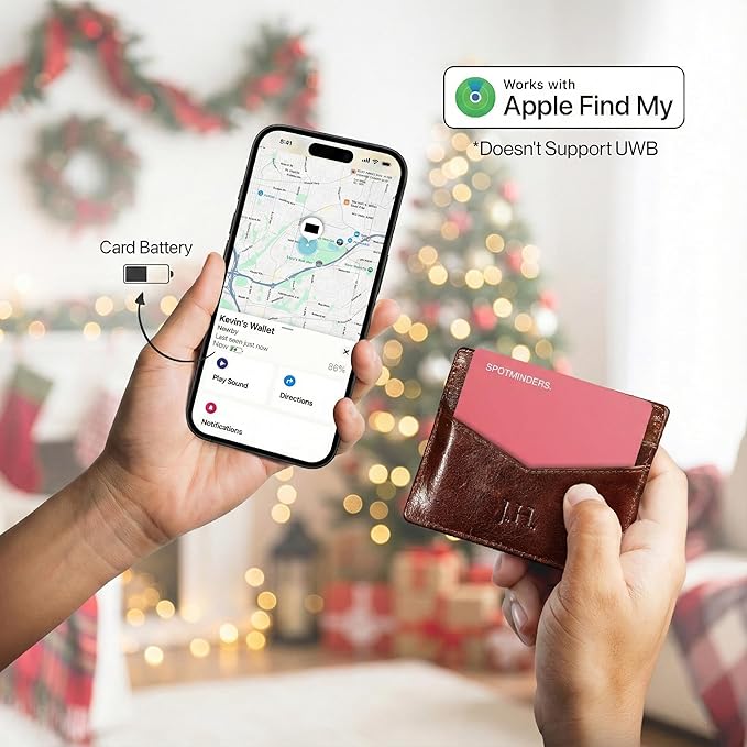 SPOTMINDERS Apple MFi Certified Wallet Tracker for Christmas Stocking Stuffers - Gifts for Women Works With Apple Find My IP68 Rechargeable Slim Tracking Card for iOS - White Elephant Gifts for Adults