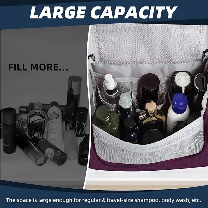 Buruis Large Toiletry Bag for Women and Men, Hanging Travel Bag for Makeup, Cosmetics, Shaving, Toiletries, Water-Resistant Dopp Kit for Gym, Camping, or Daily Use, Purple