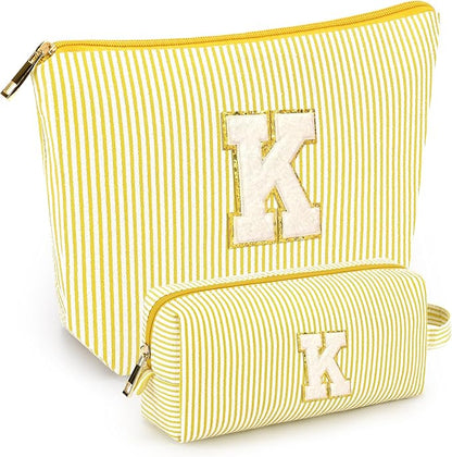 2 PCS Initial Makeup Bags for Women: Cosmetic Bag for Travel Toiletry - Birthday Gifts for 11 12 13 14 15 16 17 18 Years Old Girl Graduation Teacher Gift- Teen Girl Gifts Trendy Stuff - Yellow K