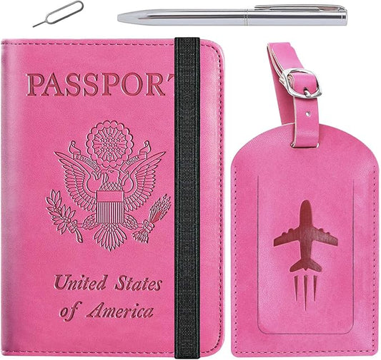Passport Holder With Luggage Tag Travel Essentials Passport Cover Wallet RFID Blocking Leather Case International Must Haves Travel Accessories Women Men(115#Pink)