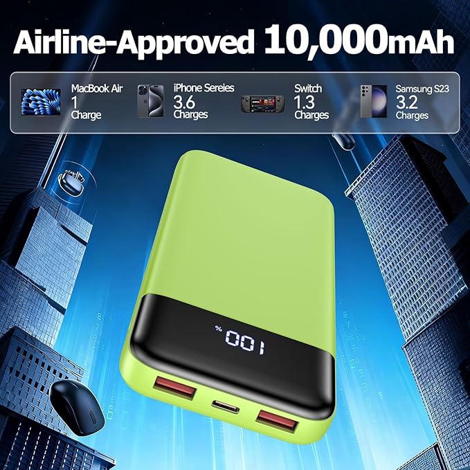 Portable Charger, 10000mAh Slim Power Bank Portable Phone Charger 22.5W PD QC Fast Charging with 3 Outputs 2 Inputs Battery Pack Compatible with iPhones Samsung Google Pixel LG Moto More Devices,Green