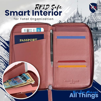 ALLEN & MATE Passport Holder Travel Wallet, 100% Leather RFID Blocking Travel Document Organiser for Men & Women