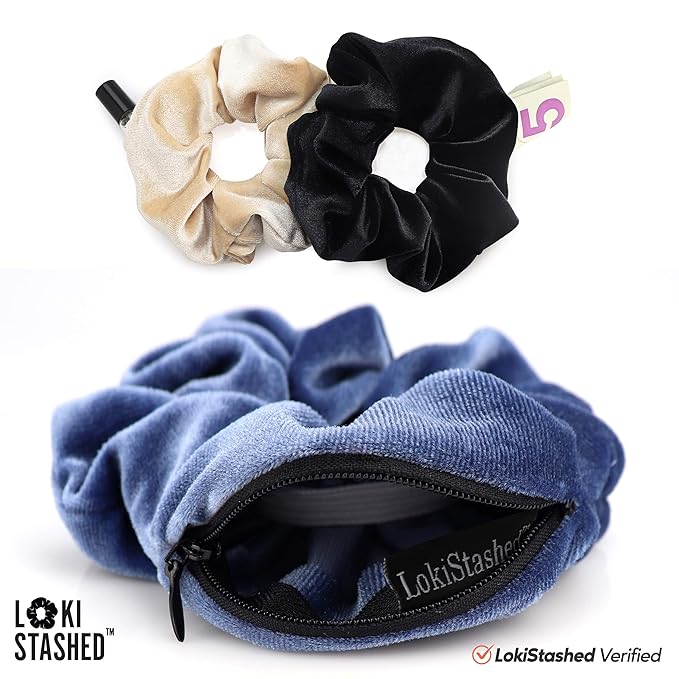 3-Pack Velvet Hair Tie Scrunchies for Girls & Women, The Original Hidden Pocket Scrunchie with Zipper Pocket Storage, Accessories, Small Items, Keys, Money - Navy, Tan, Black Color