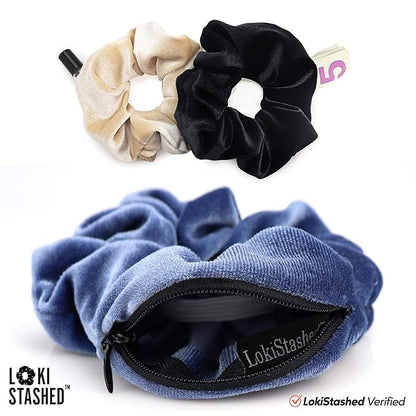 3-Pack Velvet Hair Tie Scrunchies for Girls & Women, The Original Hidden Pocket Scrunchie with Zipper Pocket Storage, Accessories, Small Items, Keys, Money - Navy, Tan, Black Color