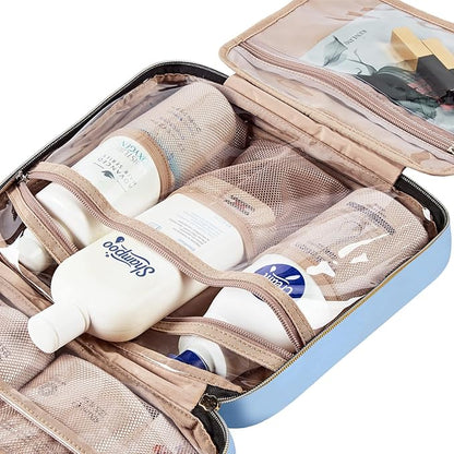 NISHEL Travel Toiletry Bag for women, Portable Hanging Organizer for Full-Sized Shampoo, Conditioner, Brushes Set, Makeup Accessories, Large Size, Placid-Blue