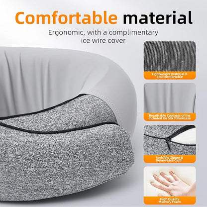 Travel Pillows for Airplanes, 100% Pure Memory Foam Neck Pillow with Alternative Cooling Ice Silk Cover, Ergonomic Support, Washable Cover, Eye Mask, Earplugs, Neck Pillow for Flight Trips