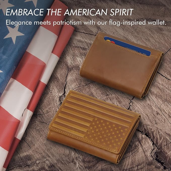Trifold Leather Wallet for Men RFID Blocking – Mens Trifold Wallet Leather with 12 Card Slots, Gift for Men, American Flag Wallet Brown