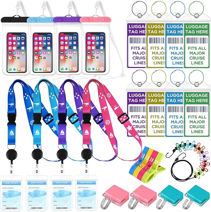 Cruise Ship Essentials, Cruise Must Haves Kits Including Non-Surge Power Strip, Lanyards for Cruise Ship Cards, Luggage Tags, Magnetic Hooks, Clothesline and Clips for All Cruise Lines