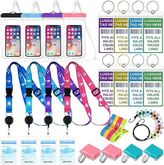 Cruise Ship Essentials, Cruise Must Haves Kits Including Non-Surge Power Strip, Lanyards for Cruise Ship Cards, Luggage Tags, Magnetic Hooks, Clothesline and Clips for All Cruise Lines