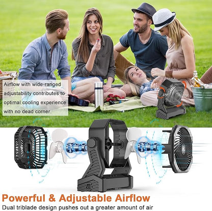 KITWLEMEN 20000mAh Battery Powered Camping Fan - 58H Max Cooling, Rechargeable Battery Operated Desk Fan with 4 Speeds, Bright Light & Hanging Hook, Portable for Tent Outdoor Hurricane Power Outage
