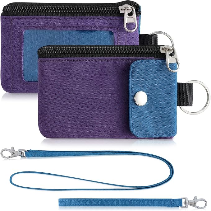 Minimalist Wallet For Mens Womens, Keychain RFID Blocking Zipper Small Wallet with ID Window 2 Lanyards,Water Resistant Travel Cash Card Coin Case Boys Girls