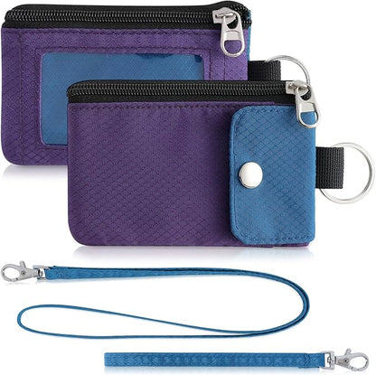 Minimalist Wallet For Mens Womens, Keychain RFID Blocking Zipper Small Wallet with ID Window 2 Lanyards,Water Resistant Travel Cash Card Coin Case Boys Girls