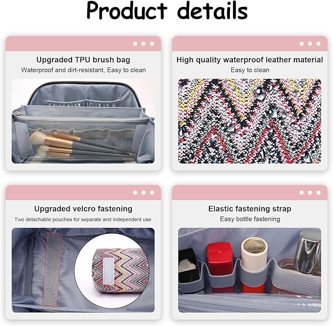 BOYATU Travel Makeup Bag for Women: Western Boho Make up Bag Set of 3 - Large Capacity Vegan Leather Cosmetic Bag - Waterproof Toiletry Bag with Compartments & Handle & Divider(J-1-Pink)