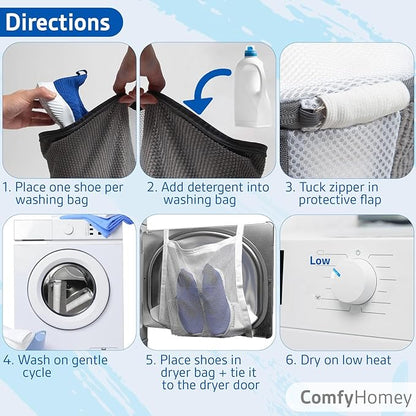 ComfyHomey Shoe Laundry Bag Set: 2 Pack Shoe Washing Machine Bag + Reusable Dryer Mesh Bag | Durable, Tear-Resistant, Reinforced Zipper | 360° Clean for Sneakers, Tennis & Gym Shoes, Easy & Safe Wash