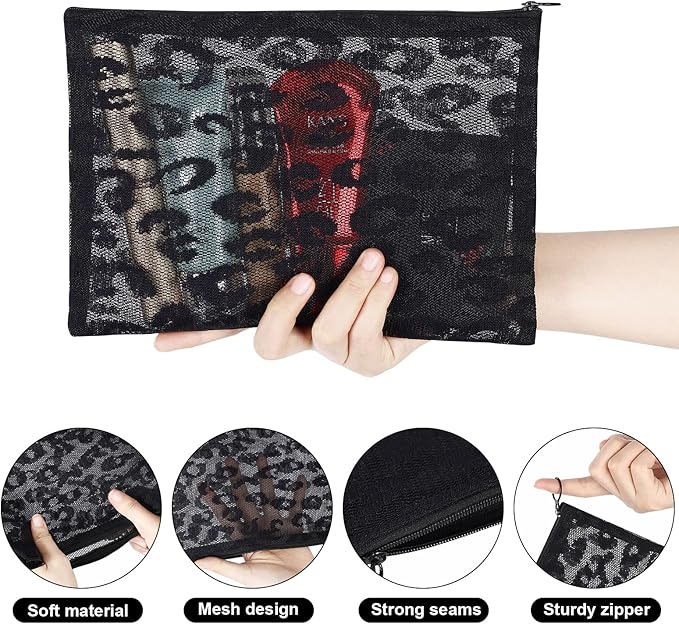 12 Pieces Zipper Nylon Mesh Pouch, Mesh Cosmetic Bags Makeup Bags Pencil Case, Multipurpose Travel Bags for Cosmetic School Office Supplies and Travel Accessories (Black Lace, Assorted Sizes)