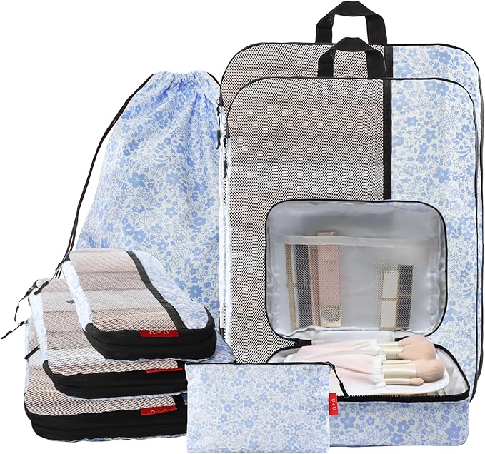 U+U 8 Set Compression Packing Cubes - Ultralight Travel Organizers with Laundry Bag and Cosmetic Bag, Space-Saving Suitcase Organizer for Travel, Business Trip and Family Vacation (Blue Flower)