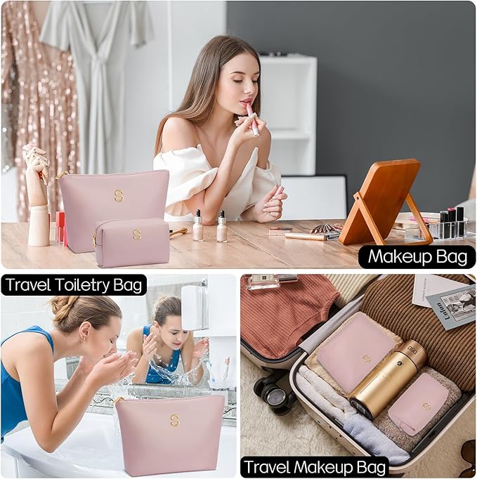 Women Gifts | Initial Makeup Bag Set for Girl Personalized Gifts for Bridesmaid Friend Graduation Teachers PU Leather Cosmetic Travel Toiletry Bag(Pink,S)