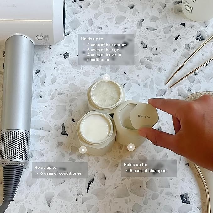 Cadence Travel Containers Haircare Capsule Set - Magnetic Containers with Lids,Carry On Travel Essentials For Women/Men - 3 Flex Mediums (1.32oz) - Shampoo, Conditioner & Comb Icon Labels - Sand