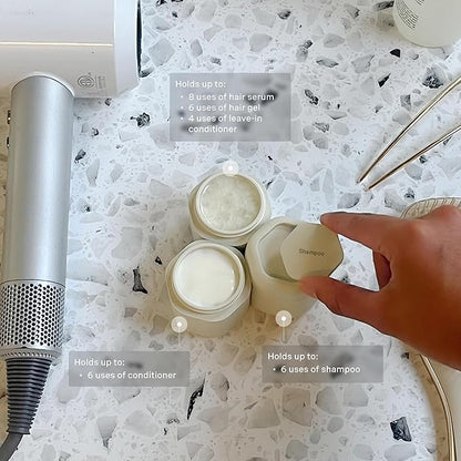 Cadence Travel Containers Haircare Capsule Set - Magnetic Containers with Lids,Carry On Travel Essentials For Women/Men - 3 Flex Mediums (1.32oz) - Shampoo, Conditioner & Comb Icon Labels - Sand