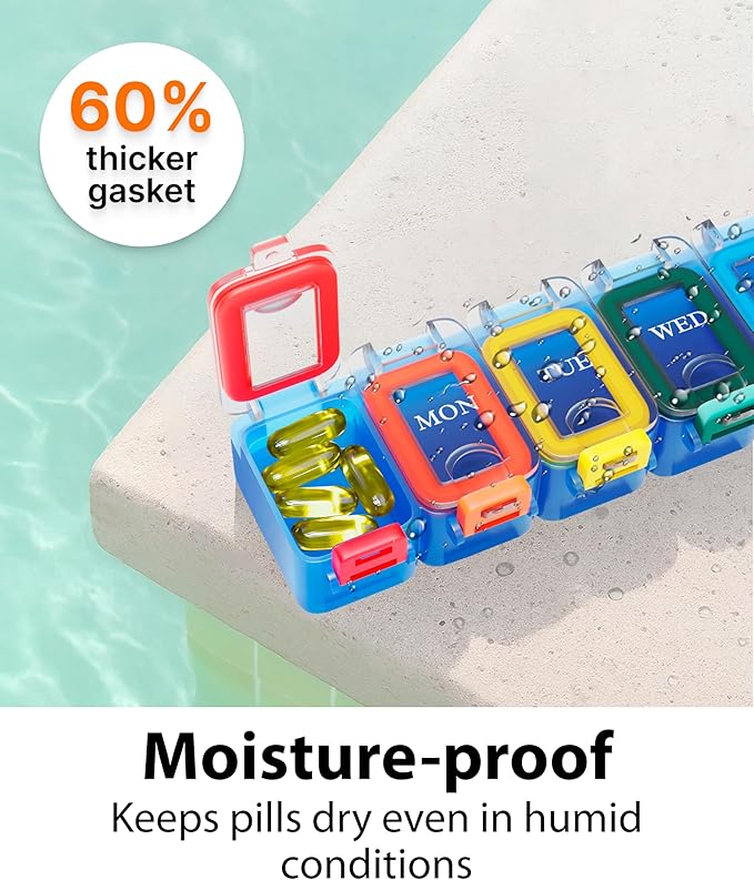 Weekly Pill Organizer 1 time a Day – Pill Box 7 Day with Enhanced Waterproof Seal, Large compartments Hold Big Vitamins & Supplements, Upgraded Locking lids, for Home & Travel use, Durable Hard case