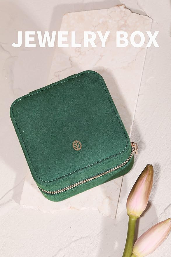 S.Leaf Travel Jewelry Organizer Boxes for Women Small Portable Necklace Earrings Bracelet Rings Travel Case Best Friend Birthday Gifts for Women Trendy (08_Suede_Touch_Emerald)