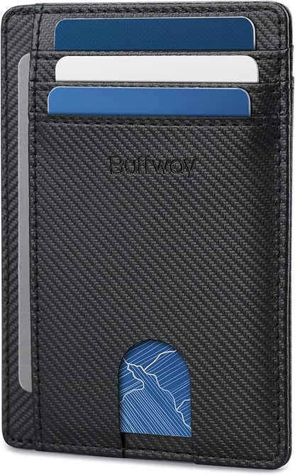Buffway Slim Minimalist Front Pocket RFID Blocking Leather Wallets for Men and Women - Peak Black