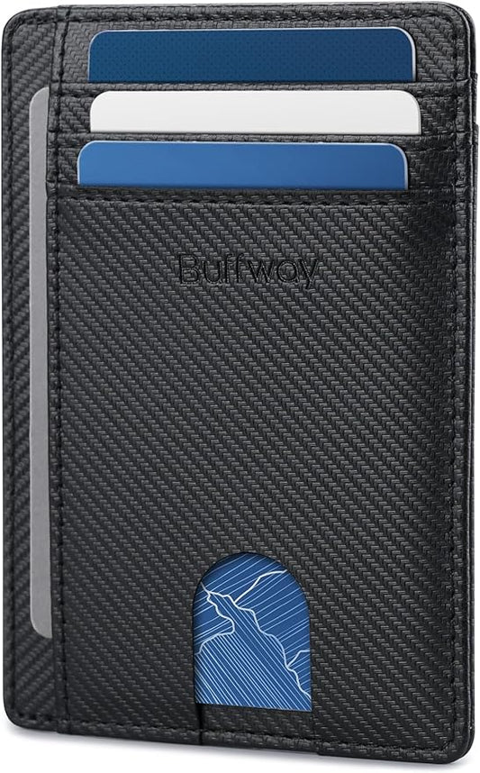 Buffway Slim Minimalist Front Pocket RFID Blocking Leather Wallets for Men and Women - Peak Black
