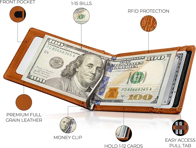 Kingly Cash Clip Slim Leather Wallet for Men with RFID Blocking & Money Clip - Minimalist Front Pocket Bifold Wallet Holds 12 Cards - Secure Card Holder with Easy Access Pull Tab