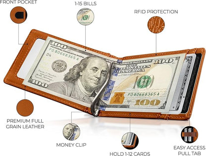 Kingly Cash Clip Slim Leather Wallet for Men with RFID Blocking & Money Clip - Minimalist Front Pocket Bifold Wallet Holds 12 Cards - Secure Card Holder with Easy Access Pull Tab