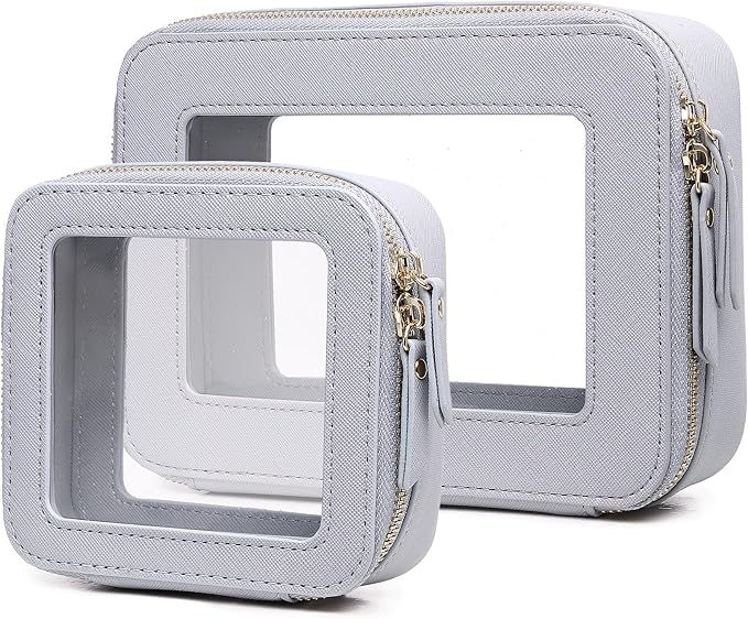 Pinkmik Clear Makeup Bag Waterproof Travel Case for Cosmetics and Toiletries Women's Purse Organizer and Clear Car Bag with Zipper (Gray, M+MINI)