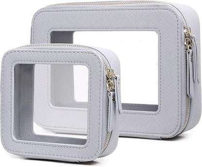 Pinkmik Clear Makeup Bag Waterproof Travel Case for Cosmetics and Toiletries Women's Purse Organizer and Clear Car Bag with Zipper (Gray, M+MINI)