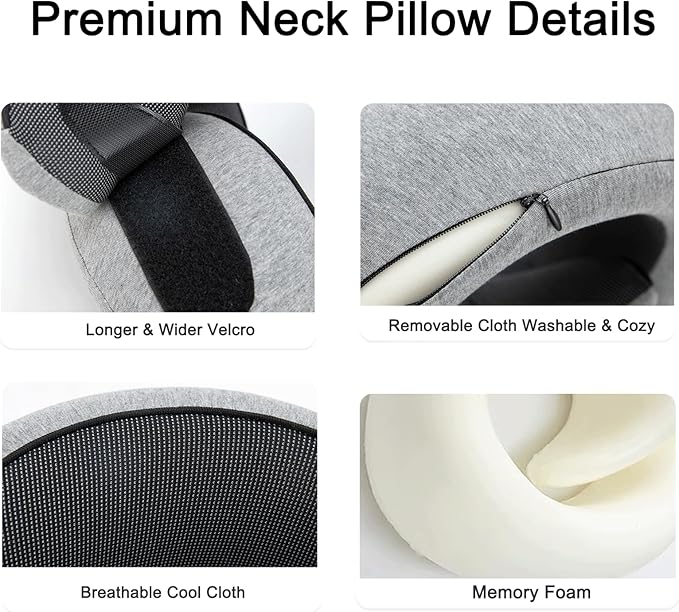 Benebou Travel Pillows for Airplanes, 100% Pure Memory Foam Neck Pillow for Airplanes, 360° Support Stowable Pillows for Sleeping, Breathable & Washable Cover, Compact for Travel, Car & Office (Gray)