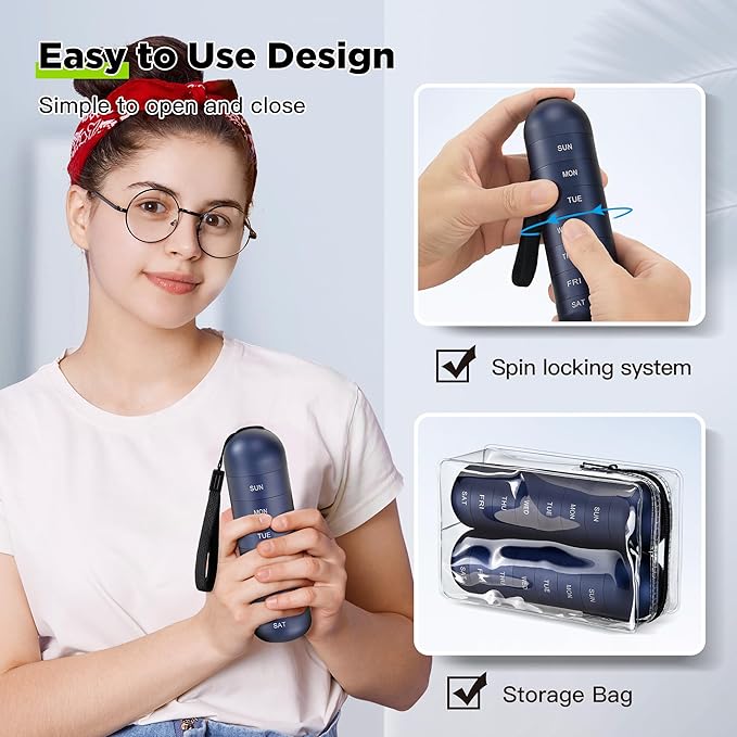 [2 Pack] Zannaki Metal Travel Pill Organizer, Portable Waterproof Weekly Pill Box, Large Aluminum Alloy Pill Case Container, BPA Free 7 Day Daily Medicine Organizer Holder for Vitamin, Supplement