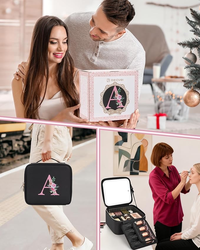 Relavel Initial Makeup Bag with LED Mirror for Women Girls, Personalized Travel Cosmetic Organizer Train Case, Birthday Gifts for Grandkids Bridesmaid Graduation Teacher Friends, Trendy Stuff, Black E