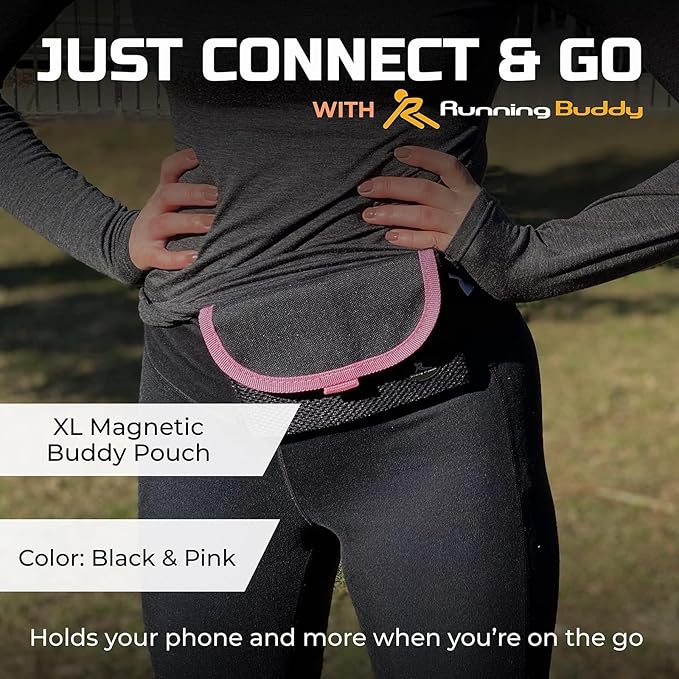 Running Buddy Magnetic Fanny Pack - Water-Resistant Belt Bag - Secure Magnetic Closure Waist Pack - Phone Belt Holder & Headphone Port - XL 6.8 x 4 in, Black/Pink