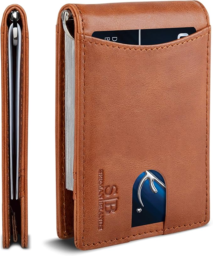 SERMAN BRANDS RFID Blocking Slim Bifold Genuine Leather Minimalist Front Pocket Wallets for Men with Money Clip Thin Gift