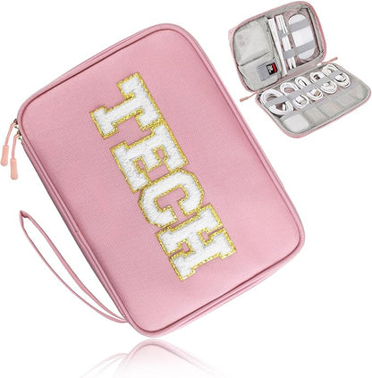 COSHAYSOO Electronics Bag Case Cable Cords Organizer Travel Essentials for Women College Teen Girls Vacation Dorm Accessories Preppy Personalized Gift (Large Pink)