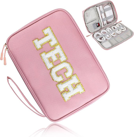 COSHAYSOO Electronics Bag Case Cable Cords Organizer Travel Essentials for Women College Teen Girls Vacation Dorm Accessories Preppy Personalized Gift (Large Pink)