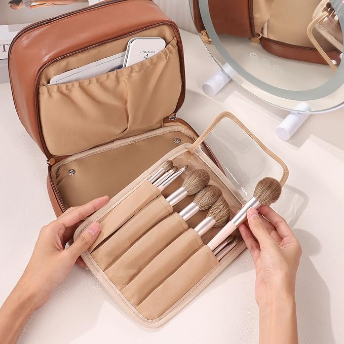 Pocmimut Clear Makeup Bags,Small Makeup Pouch with Large Cosmetic Bag Toiletry Bag Car Accessories Storage for Women Men,Travel Essentials Organizers,Brown