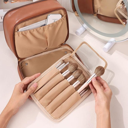 Pocmimut Makeup Case,Double Layer Large Cosmetic Bag with Makeup Brush Bag,TSA Approved Toiletry Bag Skincare Bag Car Accessories Travel Essentials Organizers for Women,Brown